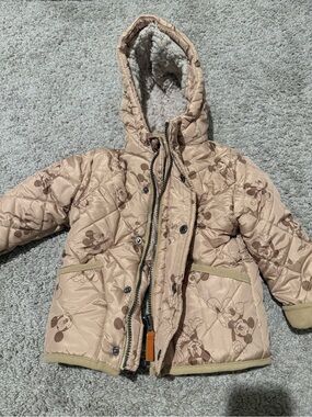 Disney Beige Mickey Mouse Quilted Puffer Jacket with Sherpa Hood
